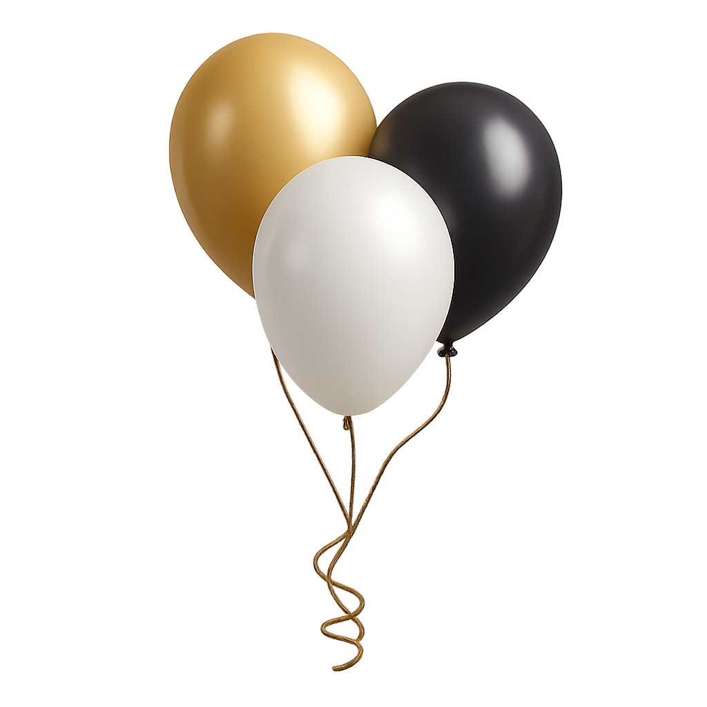 Balon emas, putih, dan hitam di latar belakang transparan