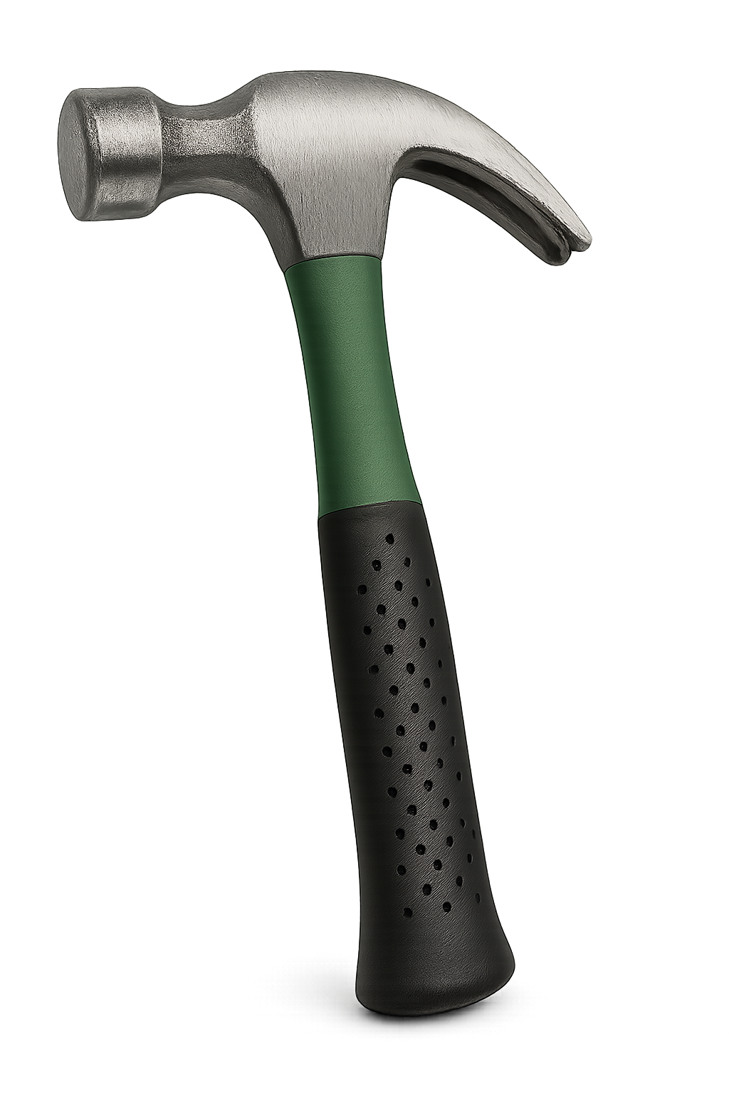 Hammer with green rubber handle and metal head on transparent background