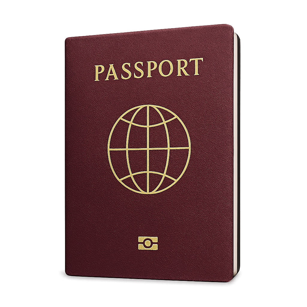 Modern biometric passport with embedded chip icon and cover design on transparent background
