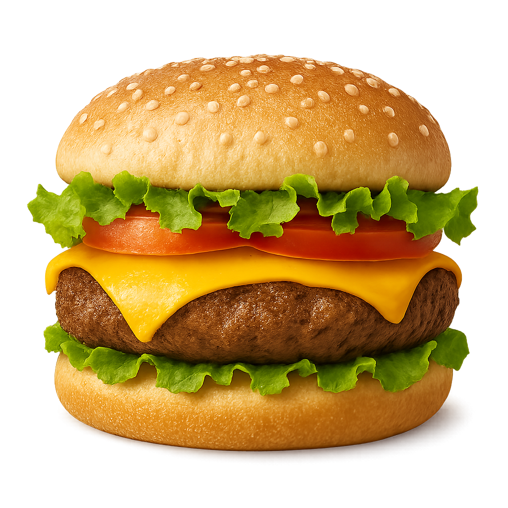 Cheeseburger berair dengan keju leleh, selada, tomat, dan roti wijen di latar belakang transparan