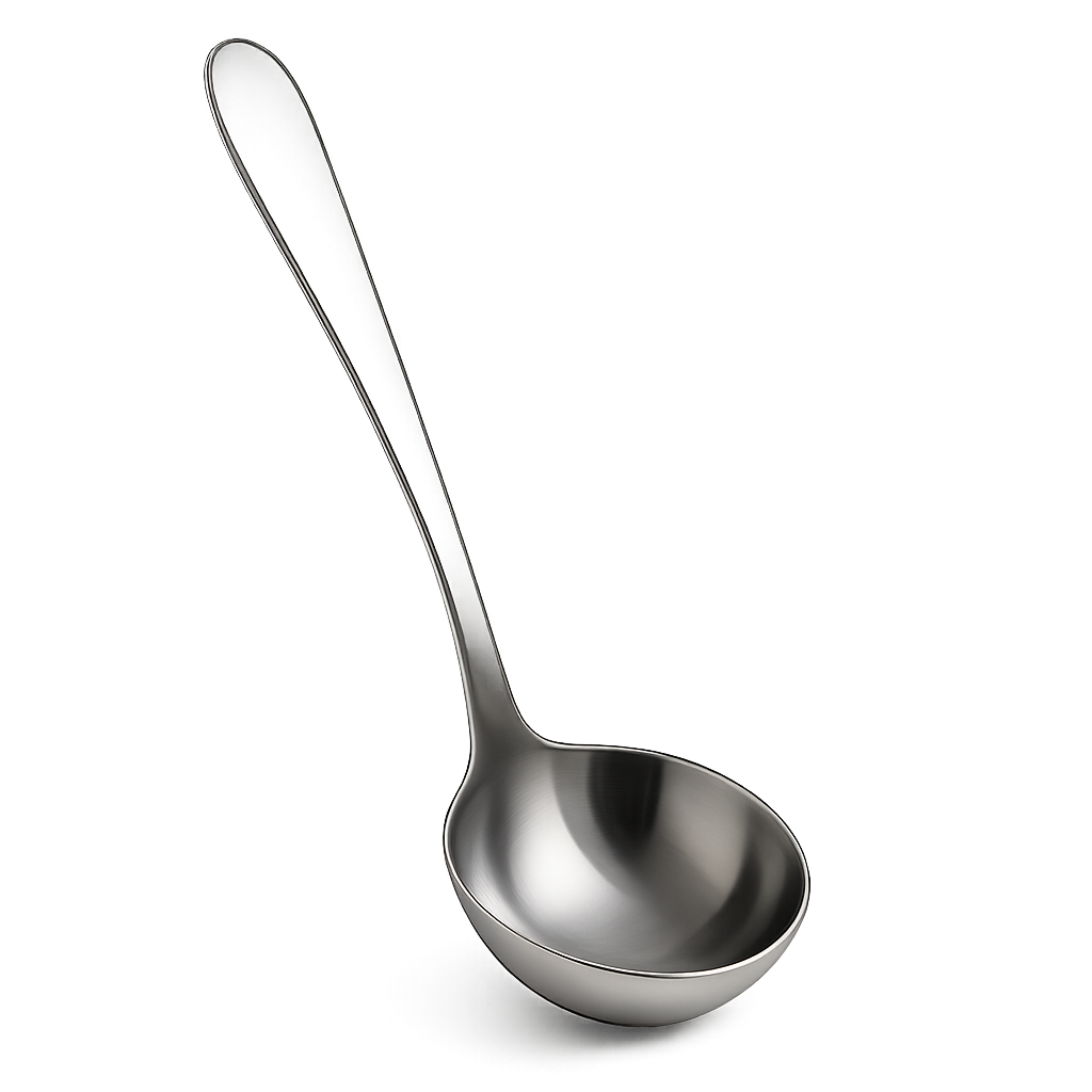 Shiny stainless steel ladle on transparent background