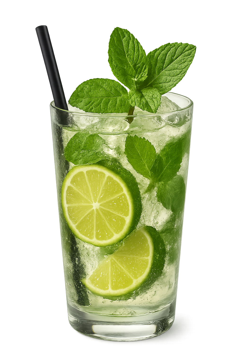 Copo de mojito com folhas de hortelã, rodelas de limão e gelo