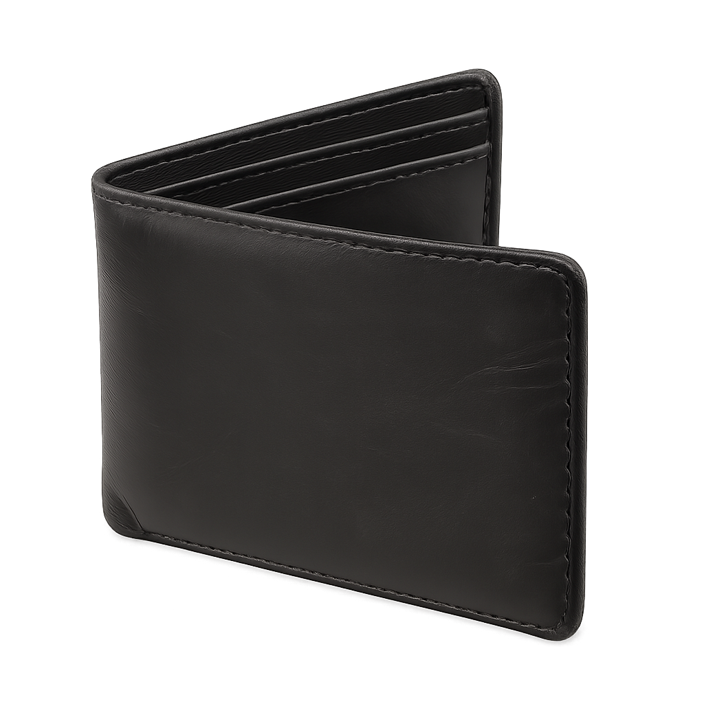 Cartera de cuero negro azulado cerrada sobre fondo transparente