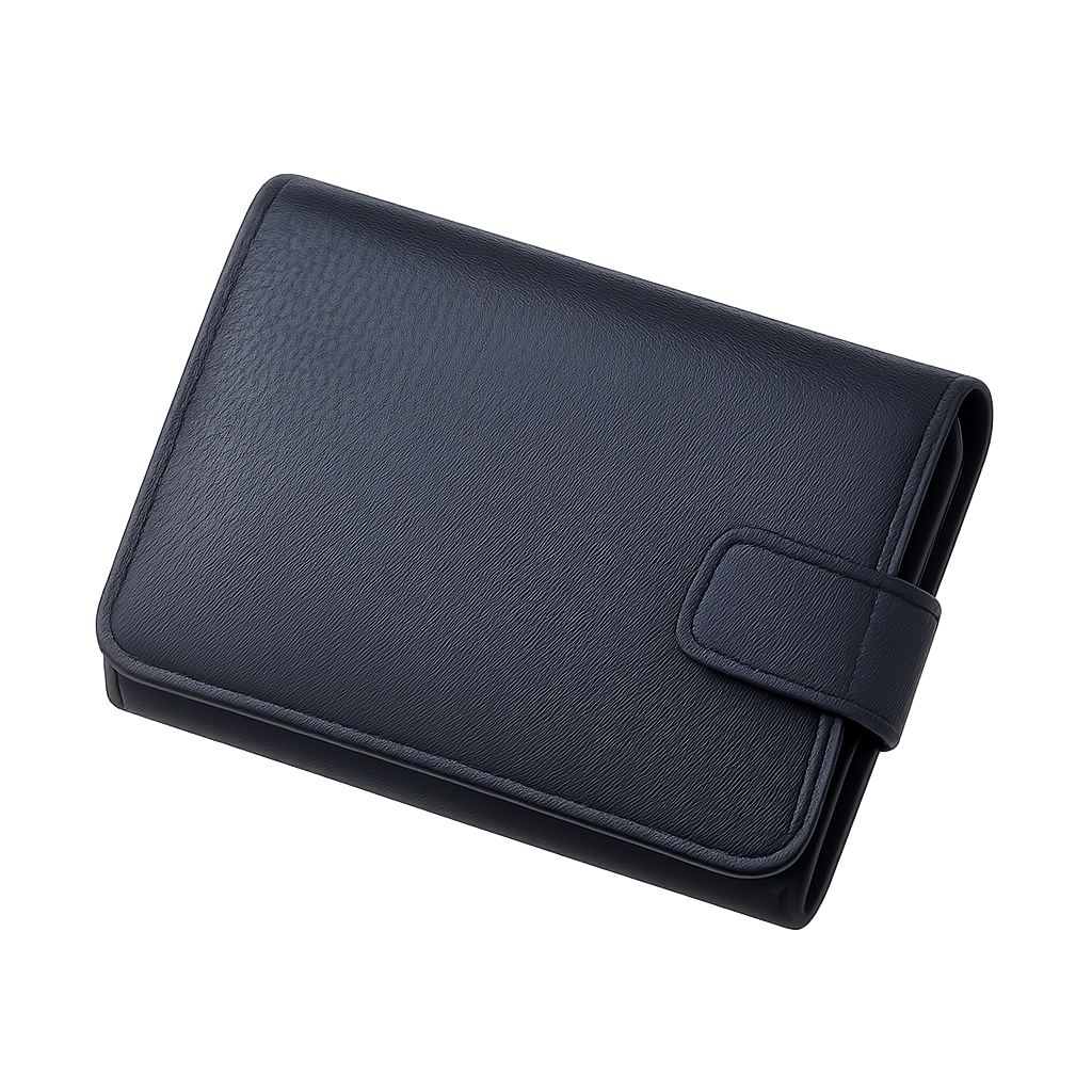 Elegant navy blue leather wallet isolated on transparent background