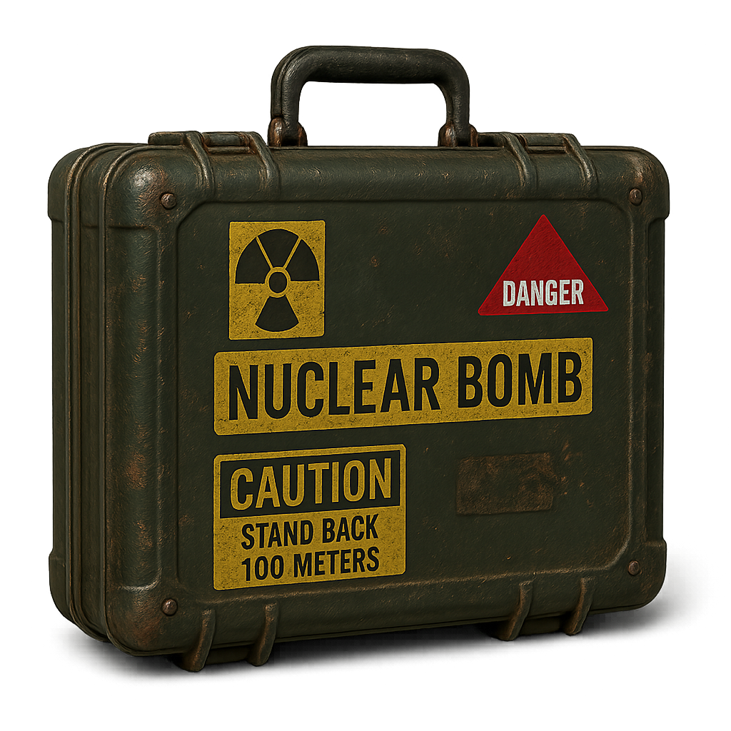 Maletín nuclear con señales de advertencia PNG — maleta de material peligroso sobre fondo transparente Maletín nuclear con señales de advertencia sobre fondo transparente