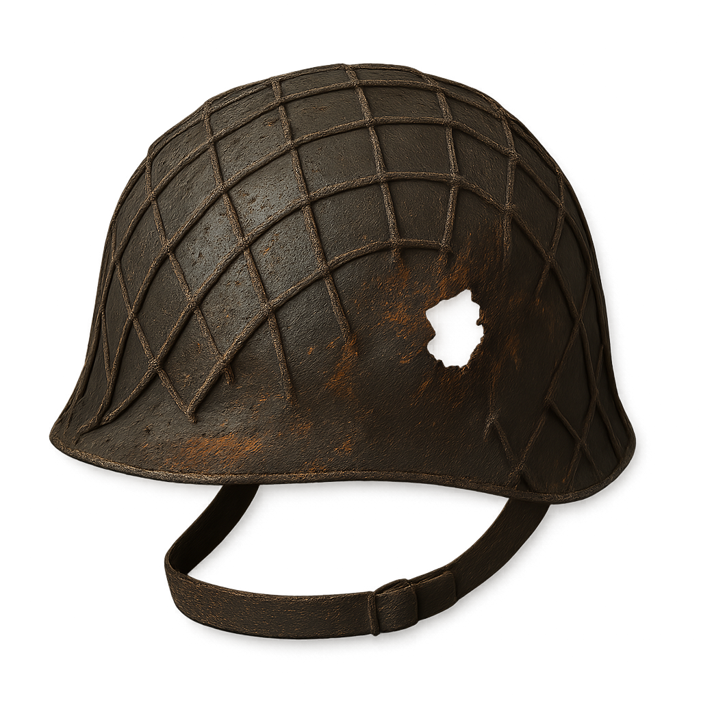 Casco militar antiguo con agujero de bala PNG — casco de combate vintage sobre fondo transparente Casco militar antiguo con agujero de bala sobre fondo transparente