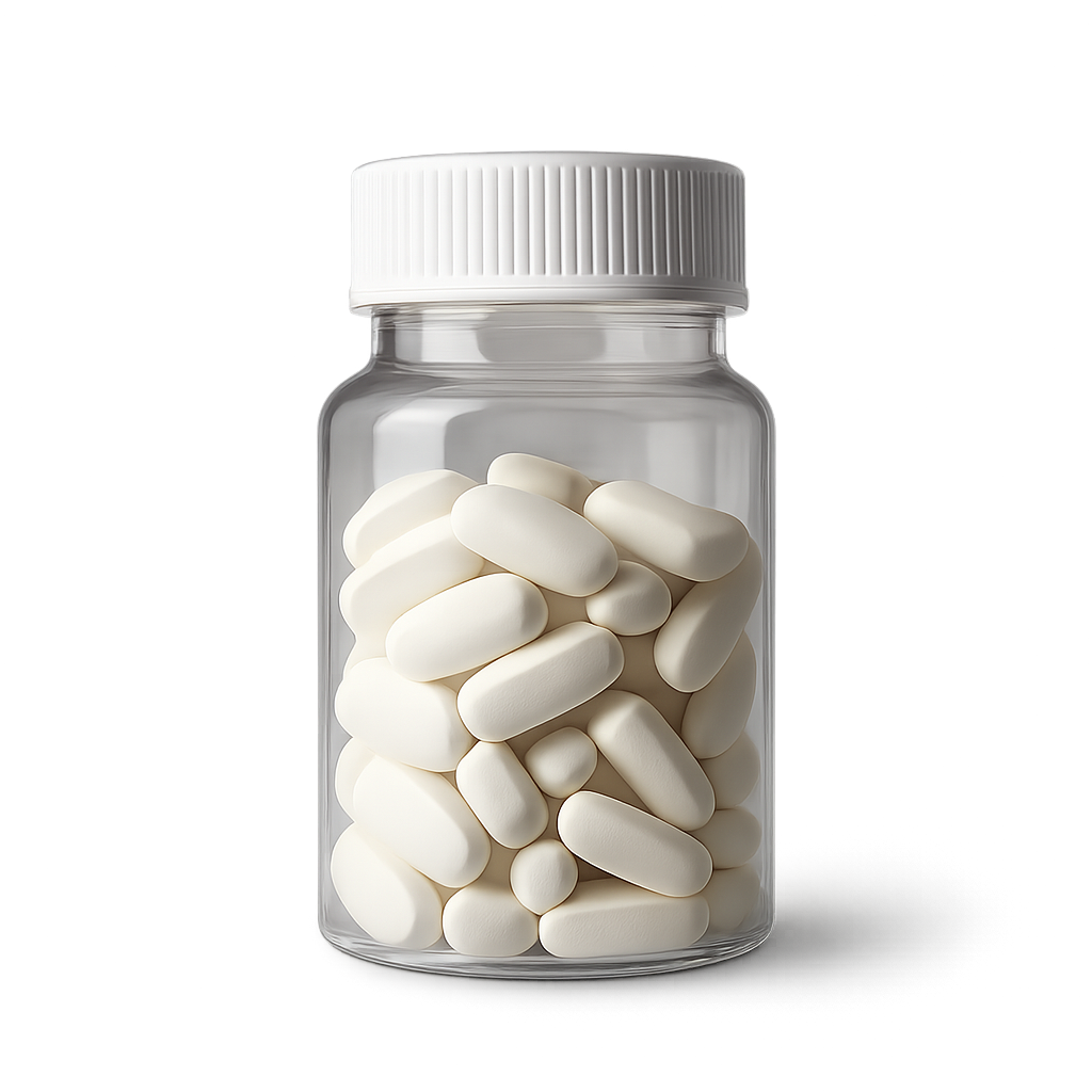 Pill bottle with white cap and medicine label isolated on transparent background