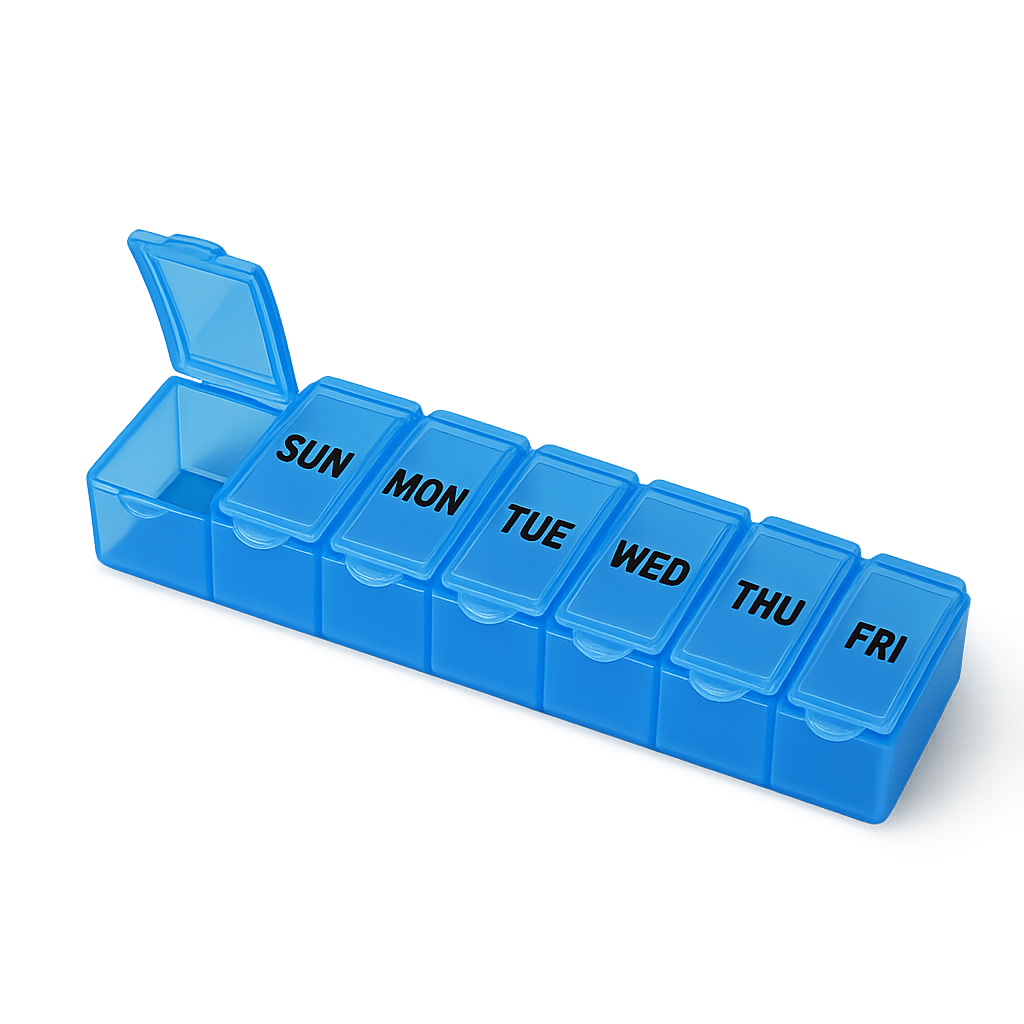 Plastic weekly medicine organizer with separate compartments isolated on transparent background