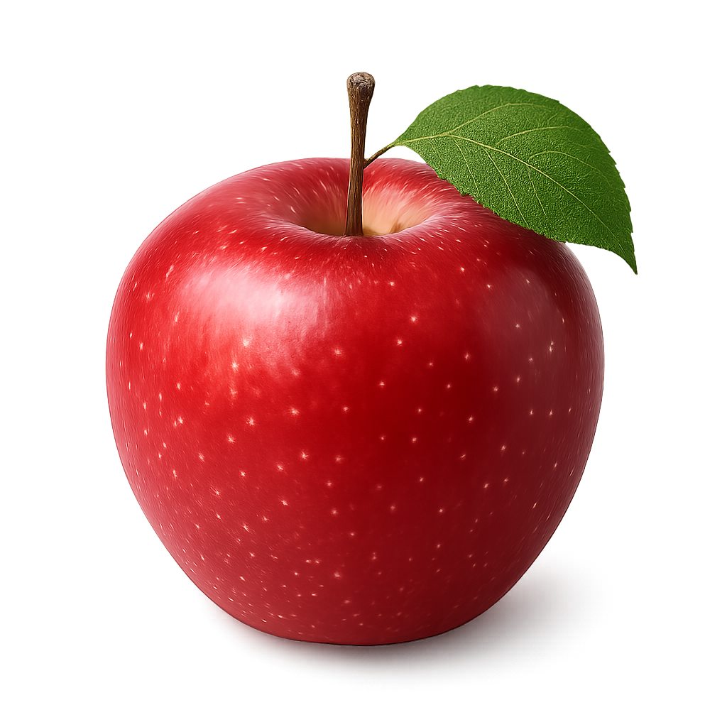 Fresh red apple with green leaf isolated on transparent background