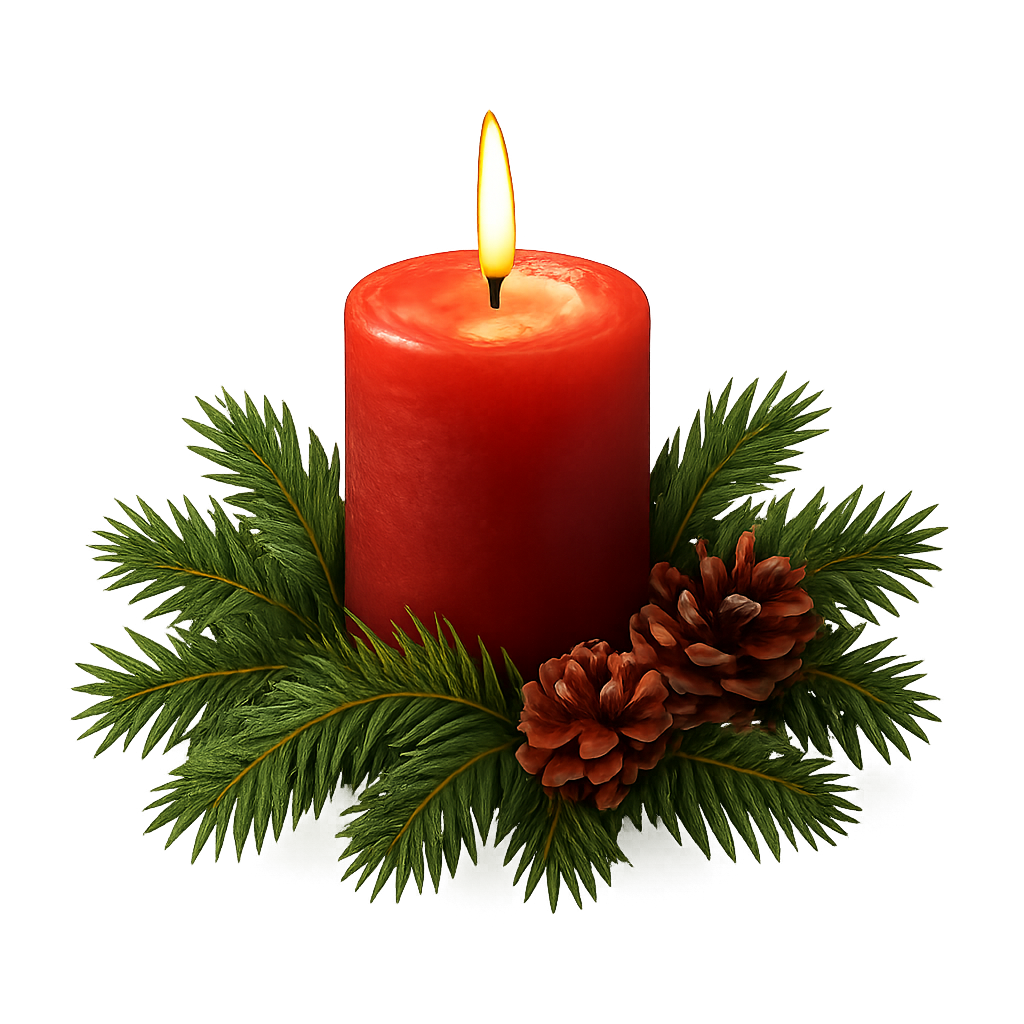 Lilin merah dikelilingi oleh cabang dan kerucut pinus