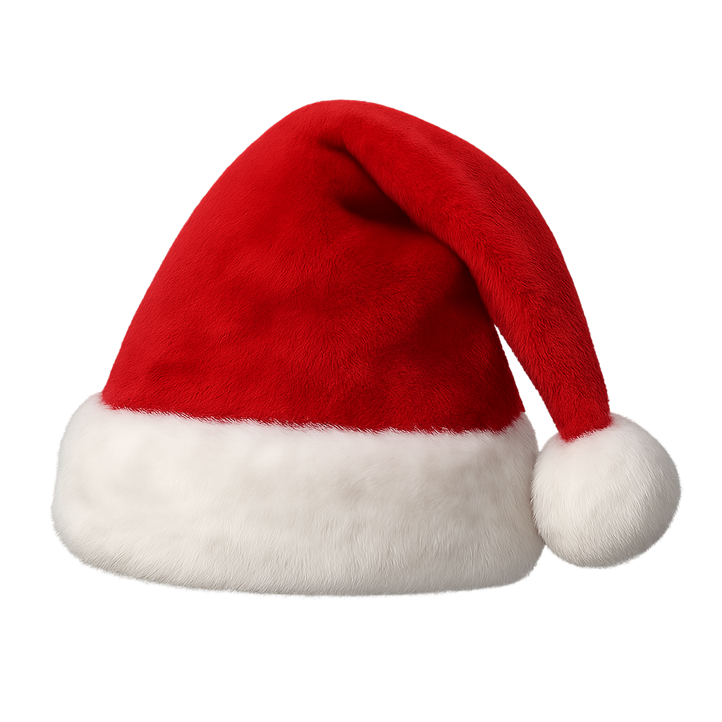 Topi merah Santa dengan bulu putih dan pom-pom
