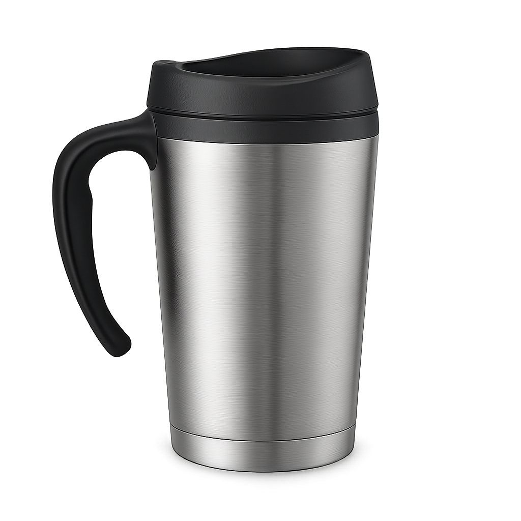 Taza térmica plateada aislada sobre fondo transparente