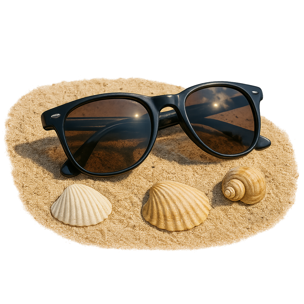 Sunglasses on sandy beach with marine vibe