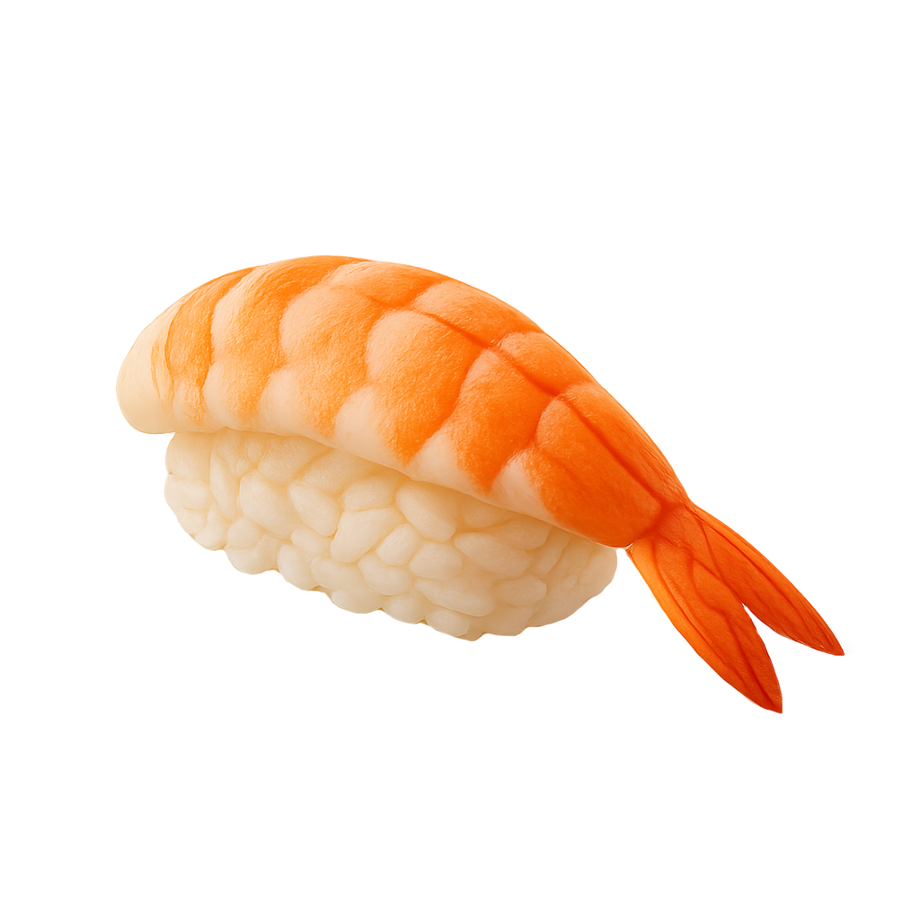 Shrimp nigiri sushi with ebi on rice on transparent background