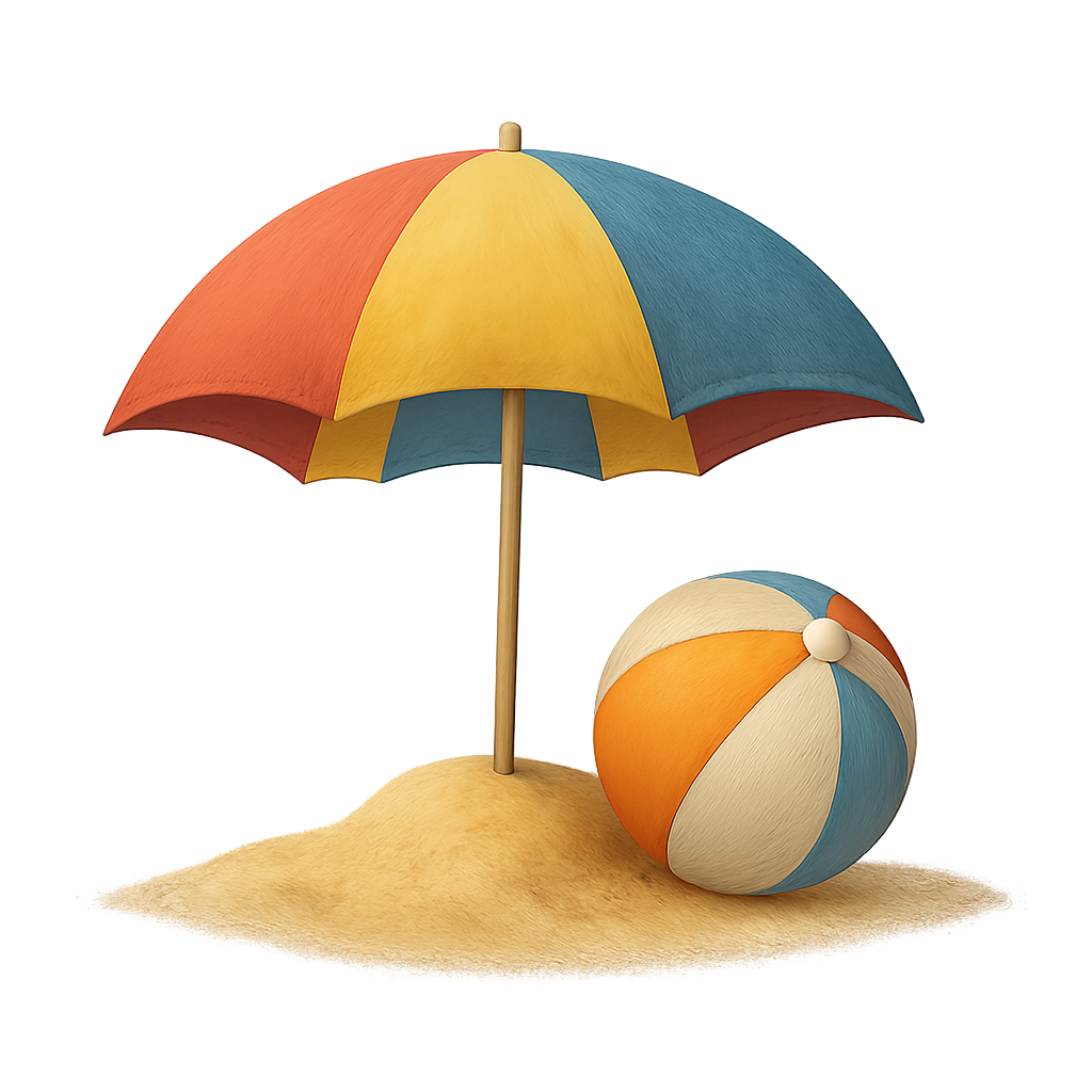 Beach umbrella, ball, and sea sand isolated on transparent background