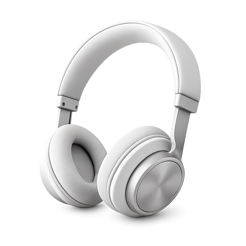 Headphone putih dan perak di latar belakang transparan