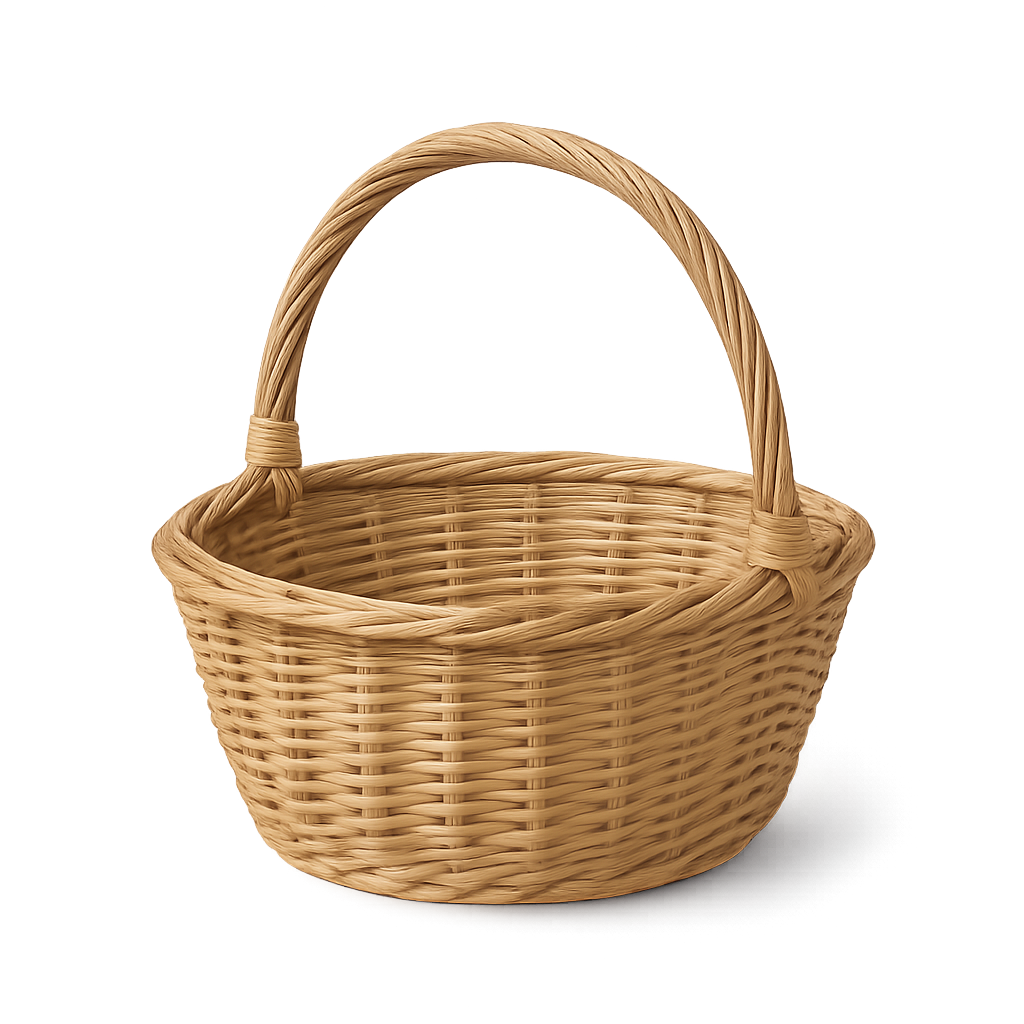 Handwoven wicker basket with a curved handle on transparent background