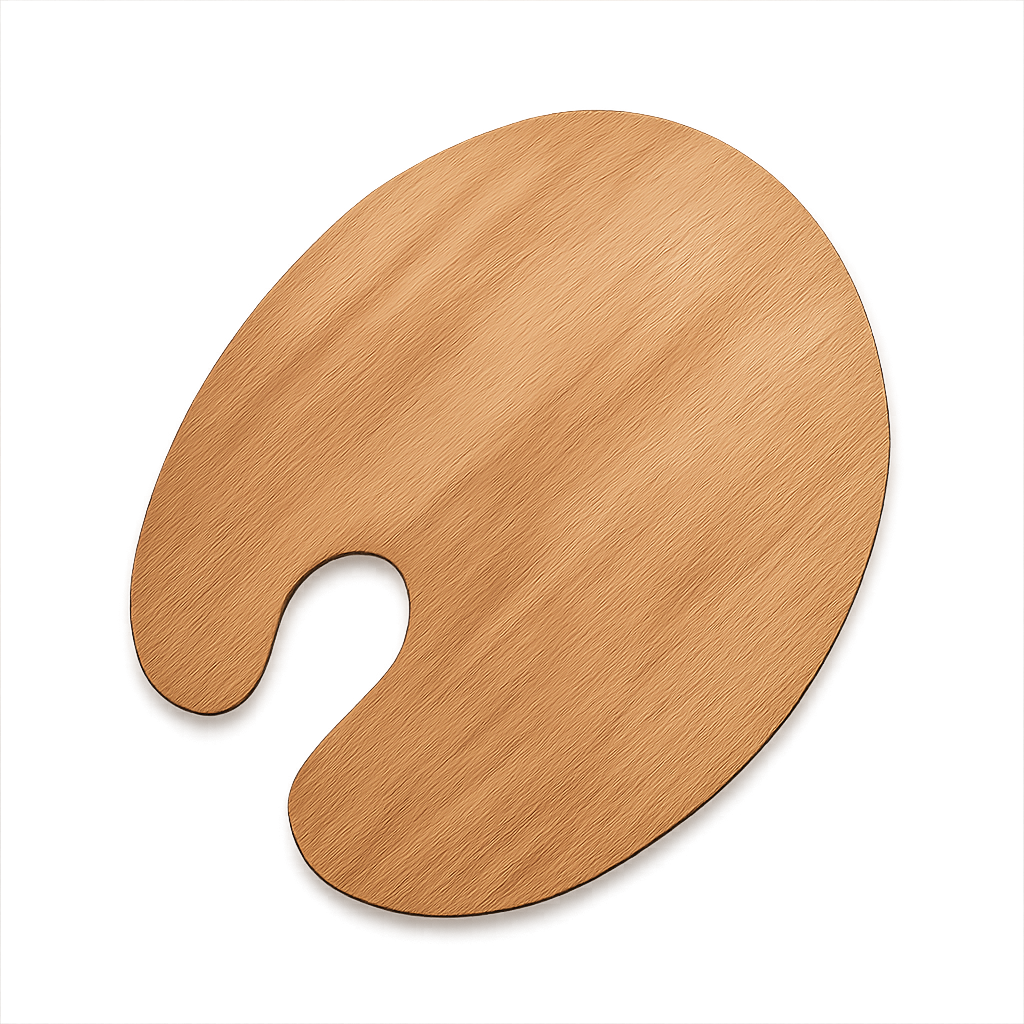Paleta de madera para pinturas PNG — herramienta clásica de pintura para arte, diseño y proyectos creativos Paleta de madera con manchas de pintura sobre fondo transparente