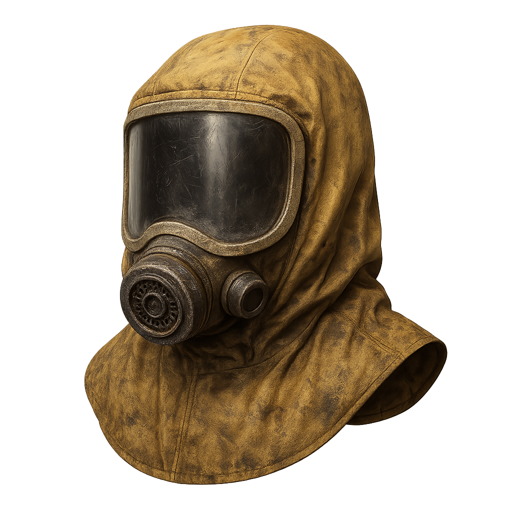 Old protective helmet with attached hood isolated on transparent background