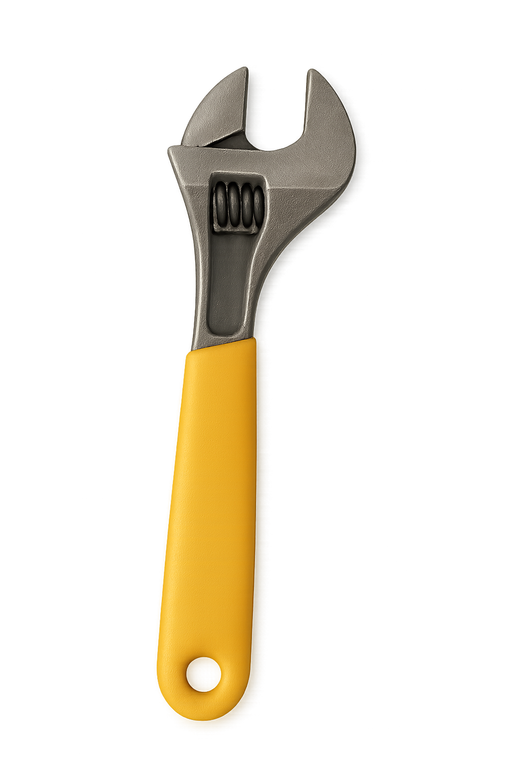 Chave ajustável de metal com cabo amarelo em fundo transparente