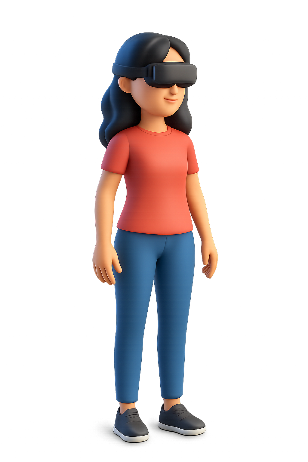Cartoon-style girl with VR headset on transparent background