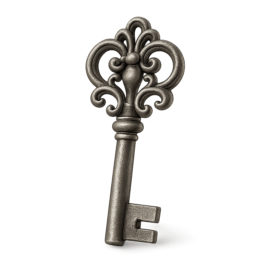 Old-fashioned ornate silver key isolated on transparent background
