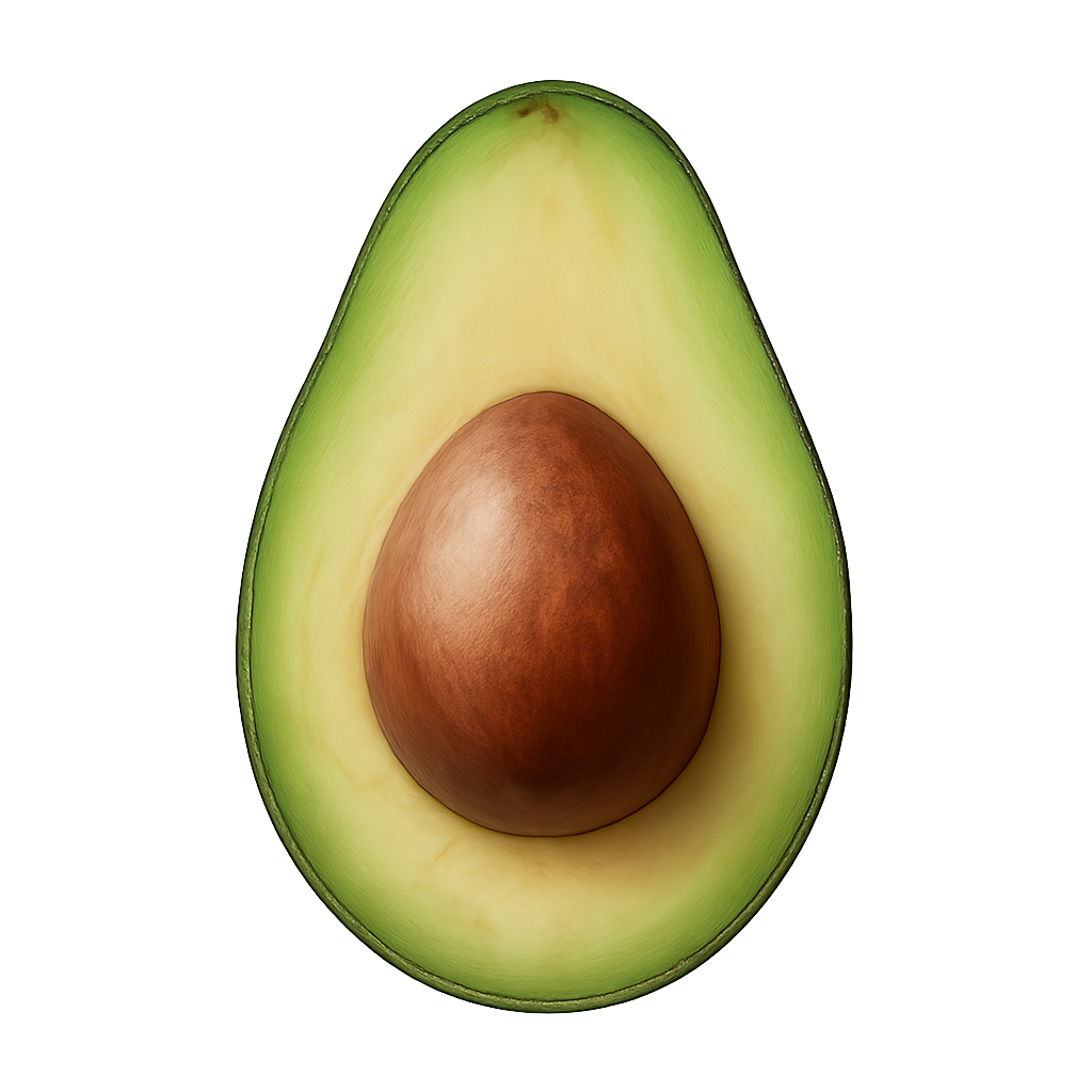 Half avocado with visible seed on transparent background