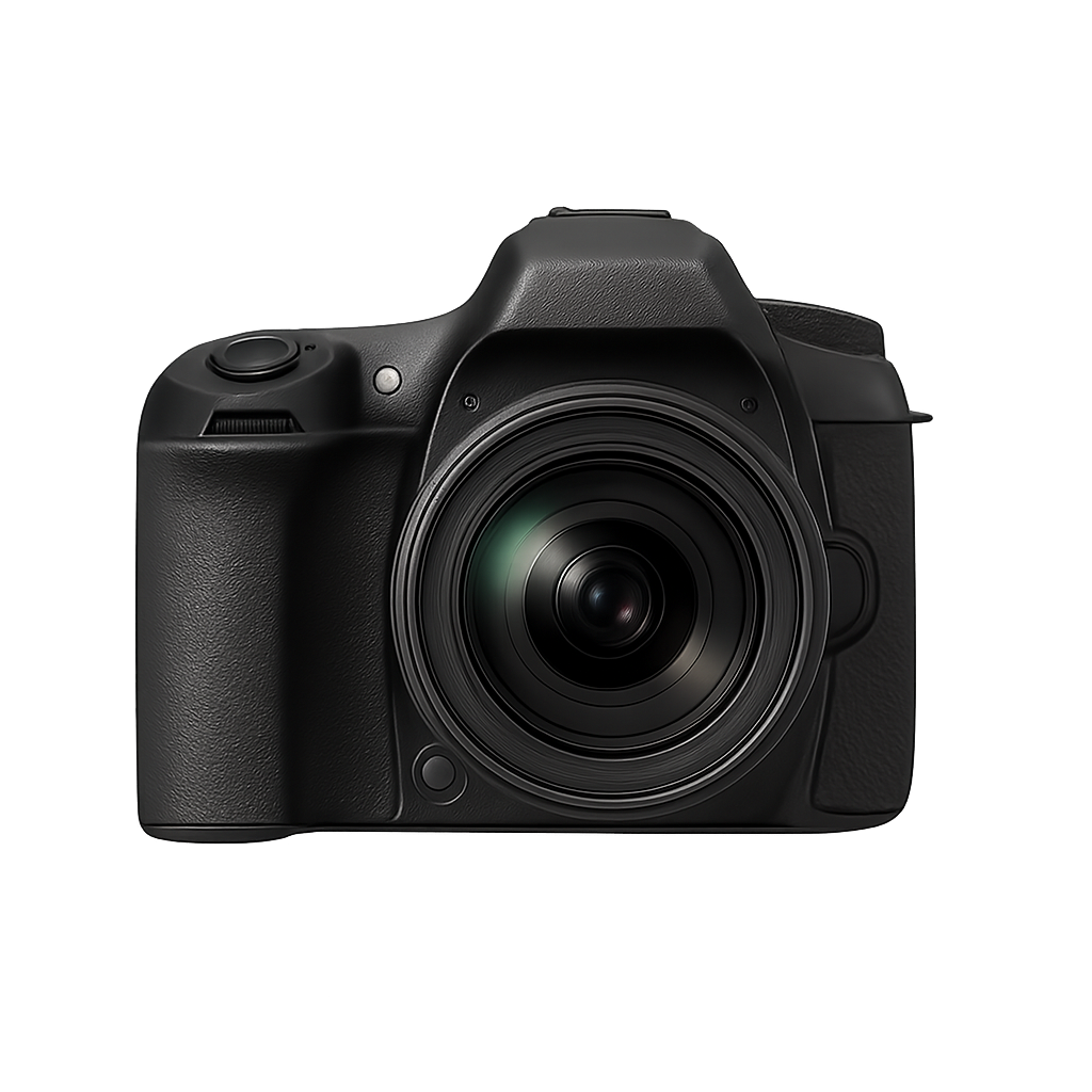 Kamera DSLR hitam tampak depan di latar belakang transparan