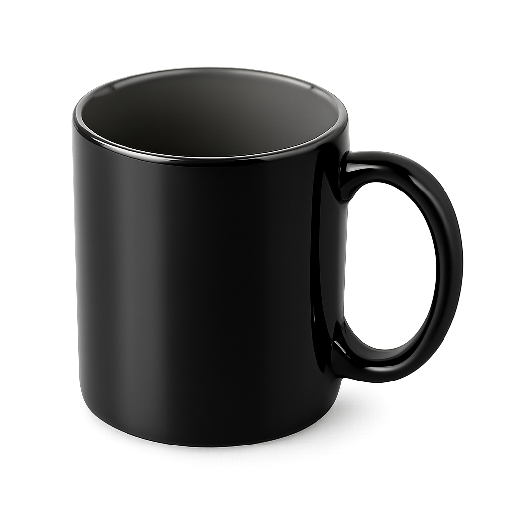 Black ceramic coffee cup without liquid on transparent background