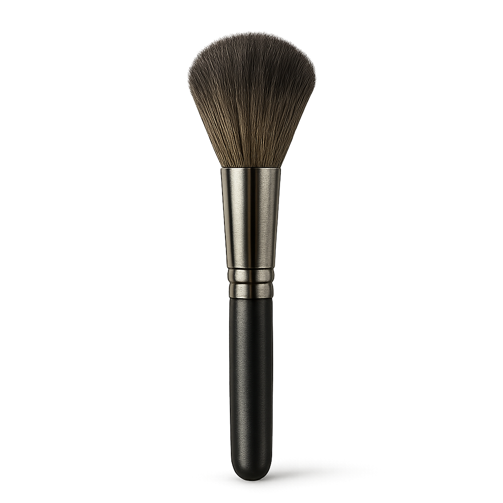 Brocha de maquillaje negra con cerdas suaves y mango elegante sobre fondo transparente