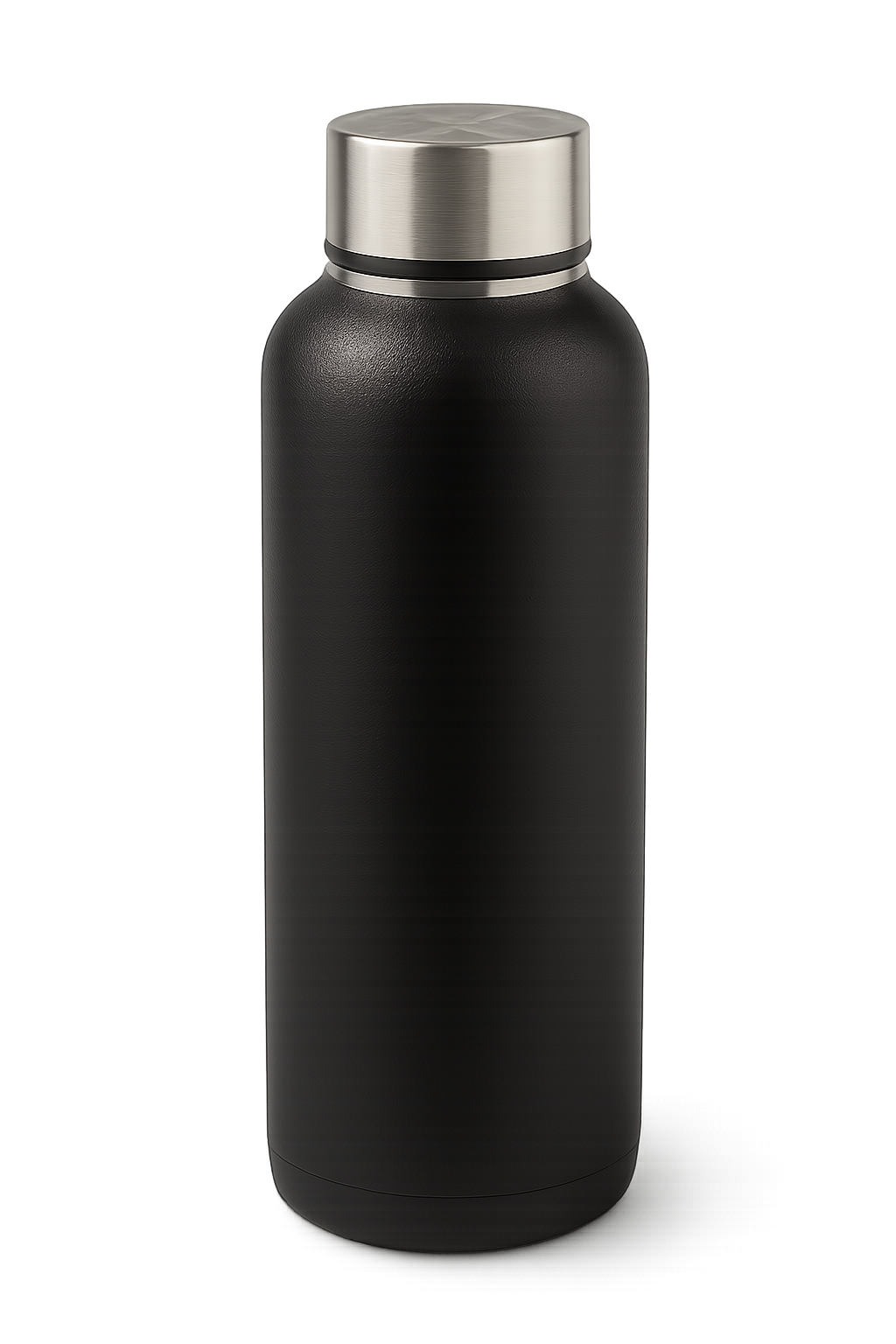 Black minimalist thermos bottle with sleek design and insulated body on transparent background