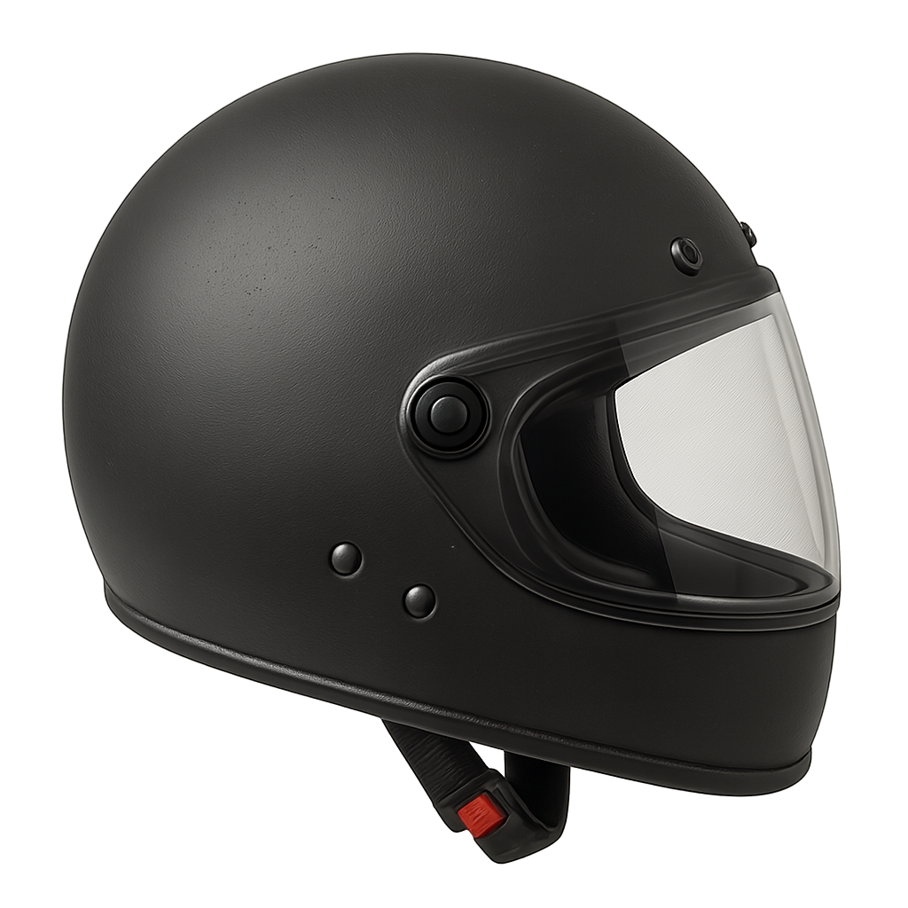 Black motorcycle helmet with visor and aerodynamic design on transparent background