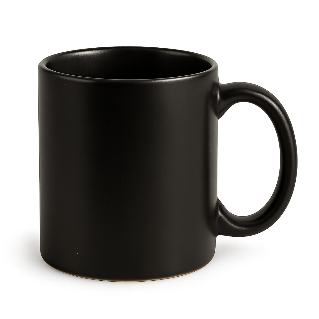 Empty black ceramic mug isolated on transparent background