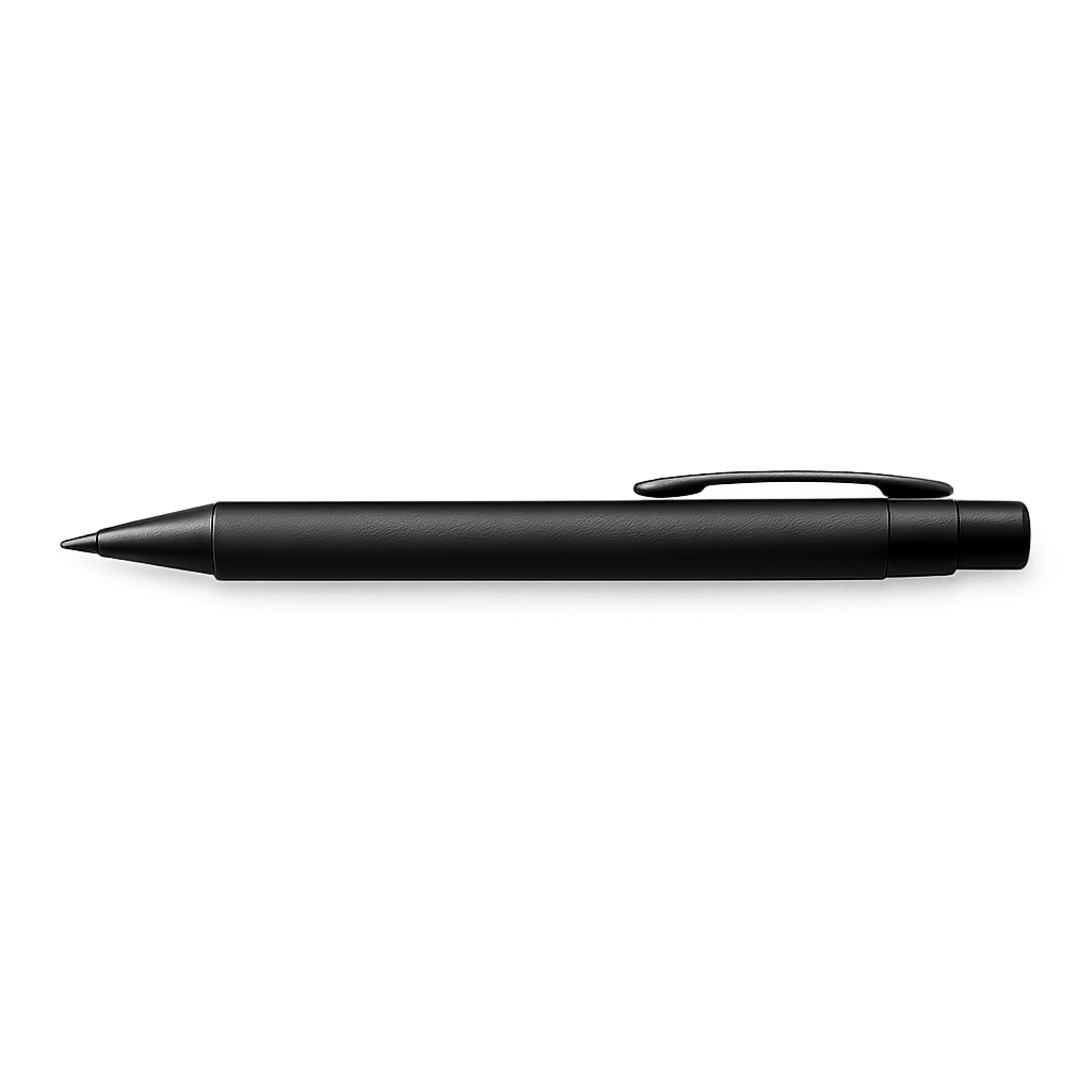 Mockup de bolígrafo negro PNG vista lateral — plantilla elegante para papelería y diseño Mockup de bolígrafo negro vista lateral sobre fondo transparente