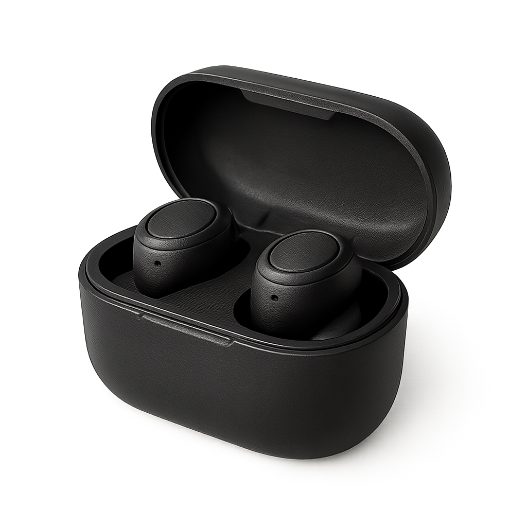 Mockup de estojo preto para fones de ouvido sem fio PNG — acessório moderno para branding e exibição de produto Mockup de estojo preto para fones de ouvido sem fio em fundo transparente