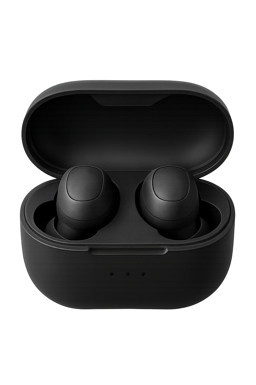 Black wireless earbuds placed inside charging case on transparent background
