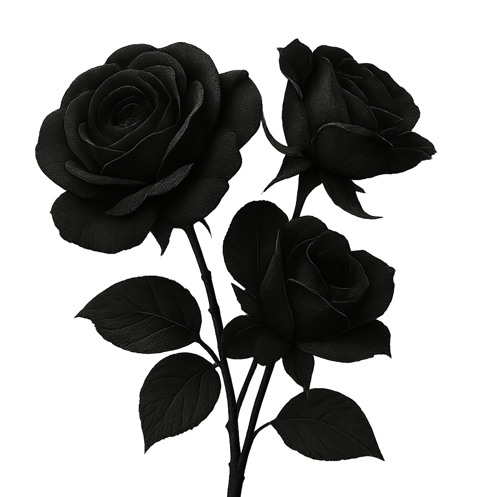 Flores pretas elegantes com pétalas detalhadas em fundo transparente