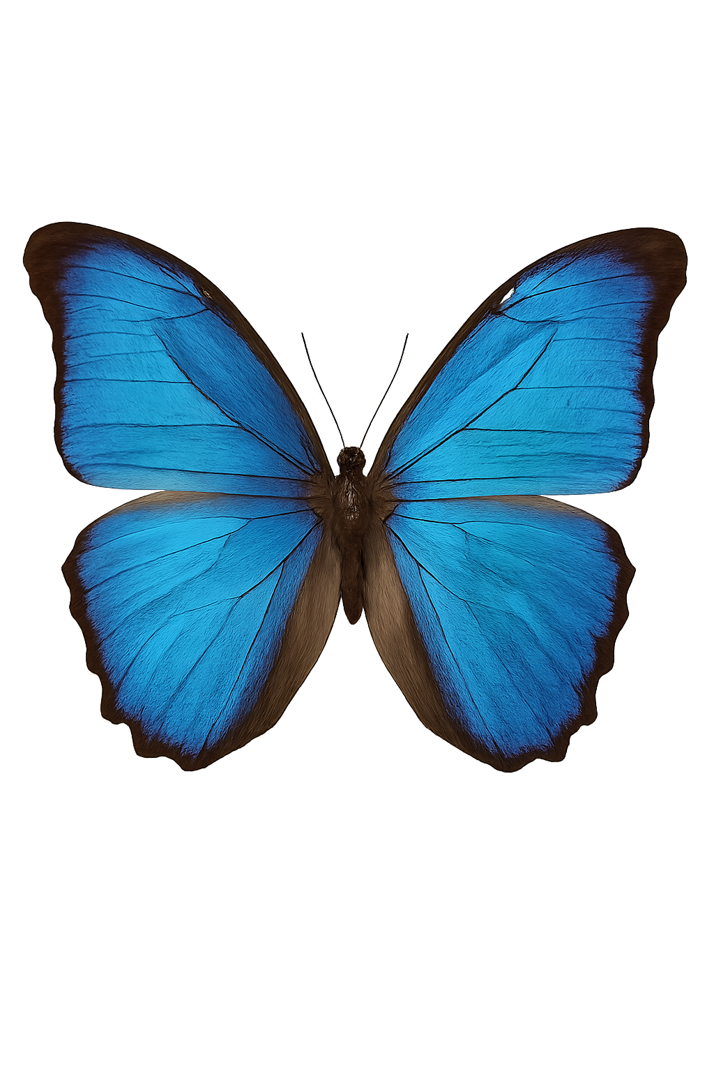Alas de mariposa azul PNG — vista superior para diseños de naturaleza y verano Mariposa azul con las alas completamente extendidas, vista superior sobre fondo transparente