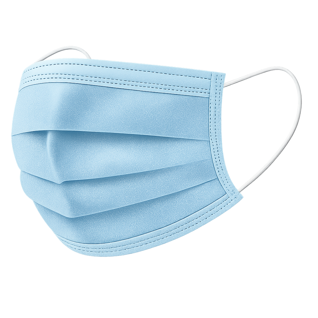 Mascarilla médica azul desechable sobre fondo transparente