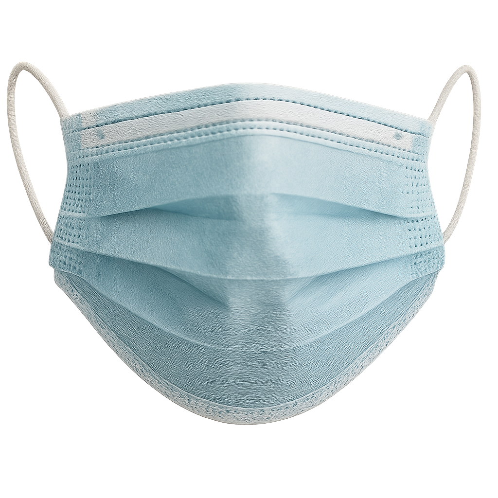 Mascarilla quirúrgica azul con pliegues y bandas elásticas sobre fondo transparente
