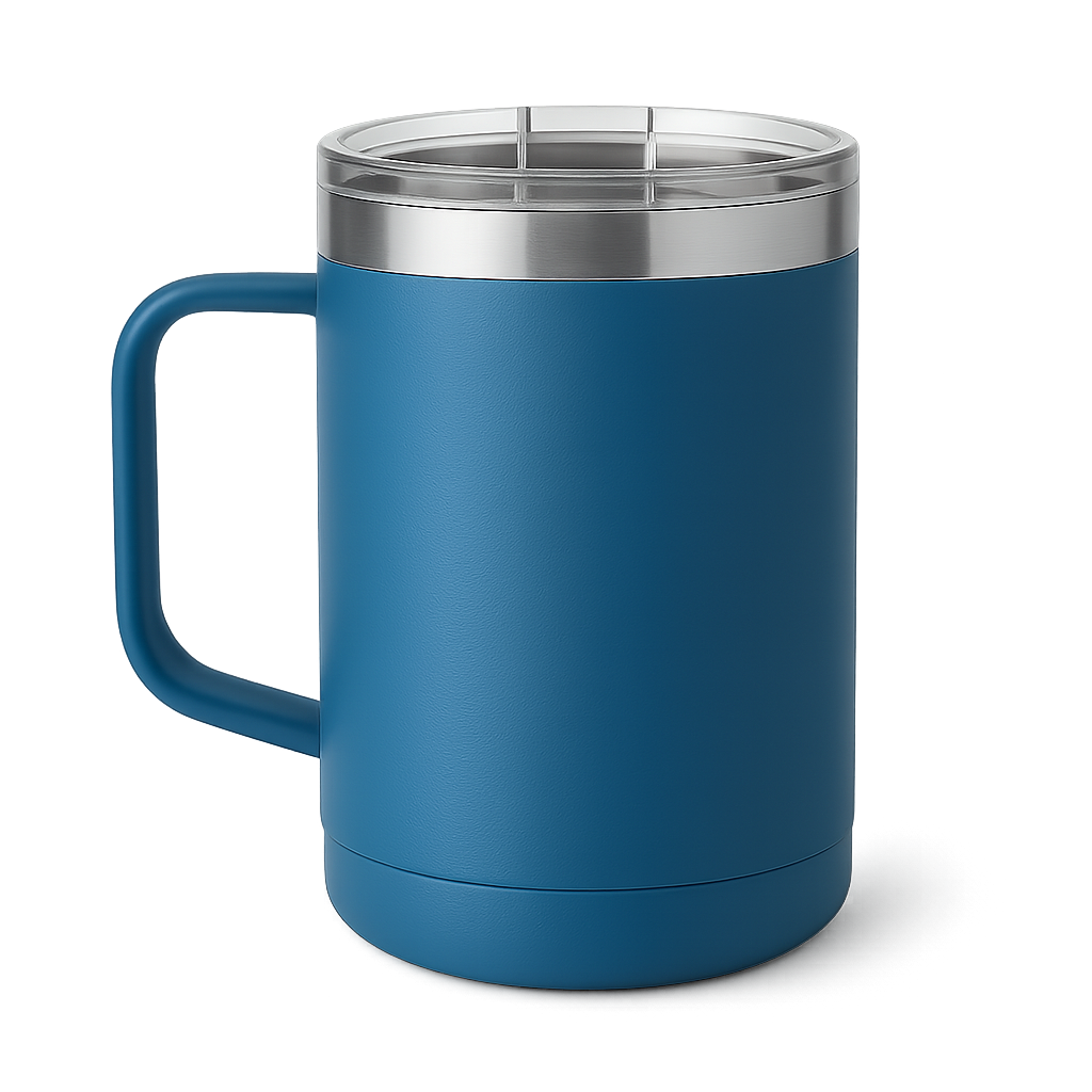 Mockup mug perjalanan biru dengan pegangan di latar belakang transparan