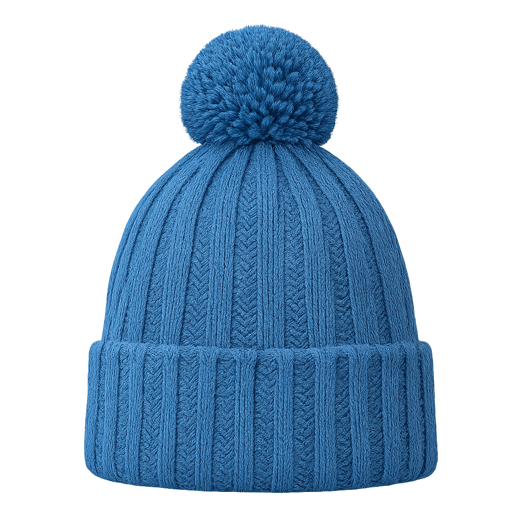Topi musim dingin wol biru dengan pompom di latar belakang transparan
