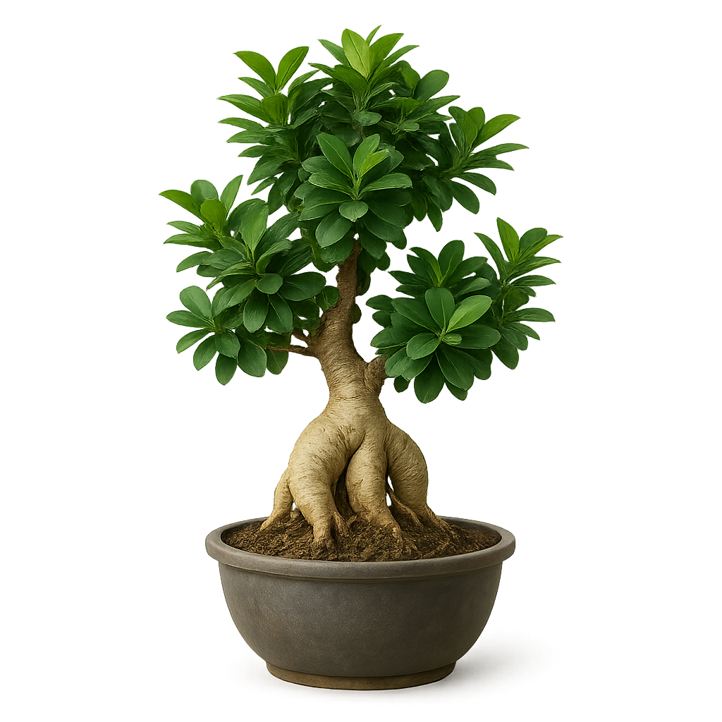 Realistic bonsai tree with thick green leaves on transparent background