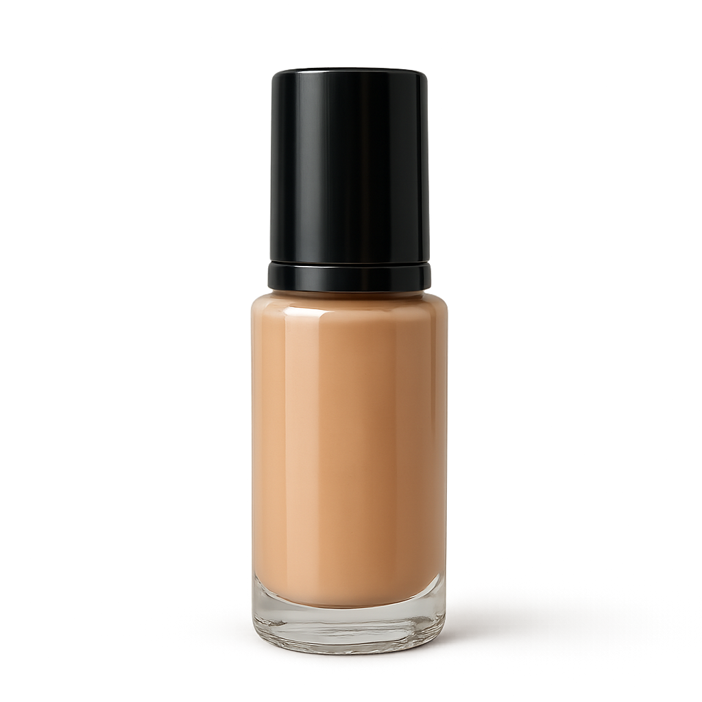 Botella de esmalte de uñas con tapa negra sobre fondo transparente
