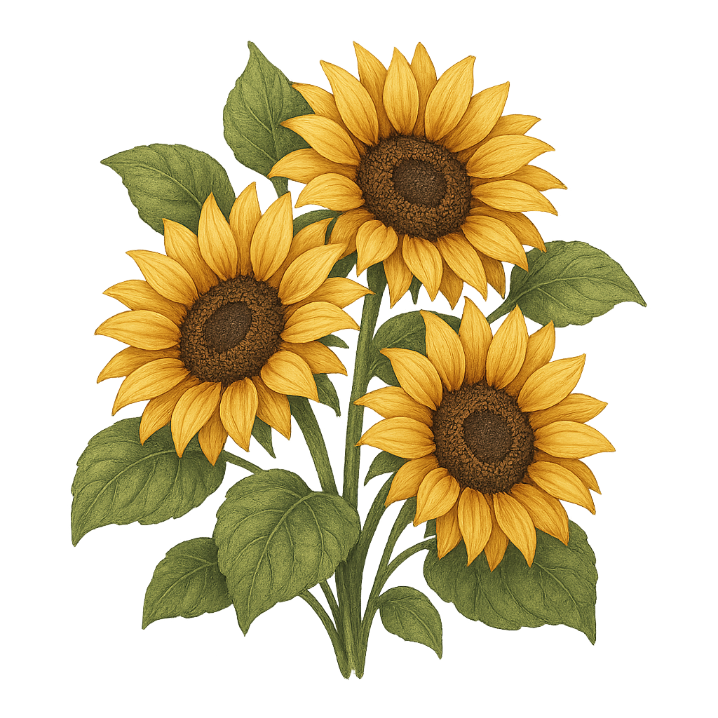 Bright bouquet of yellow sunflowers with green leaves isolated on transparent background