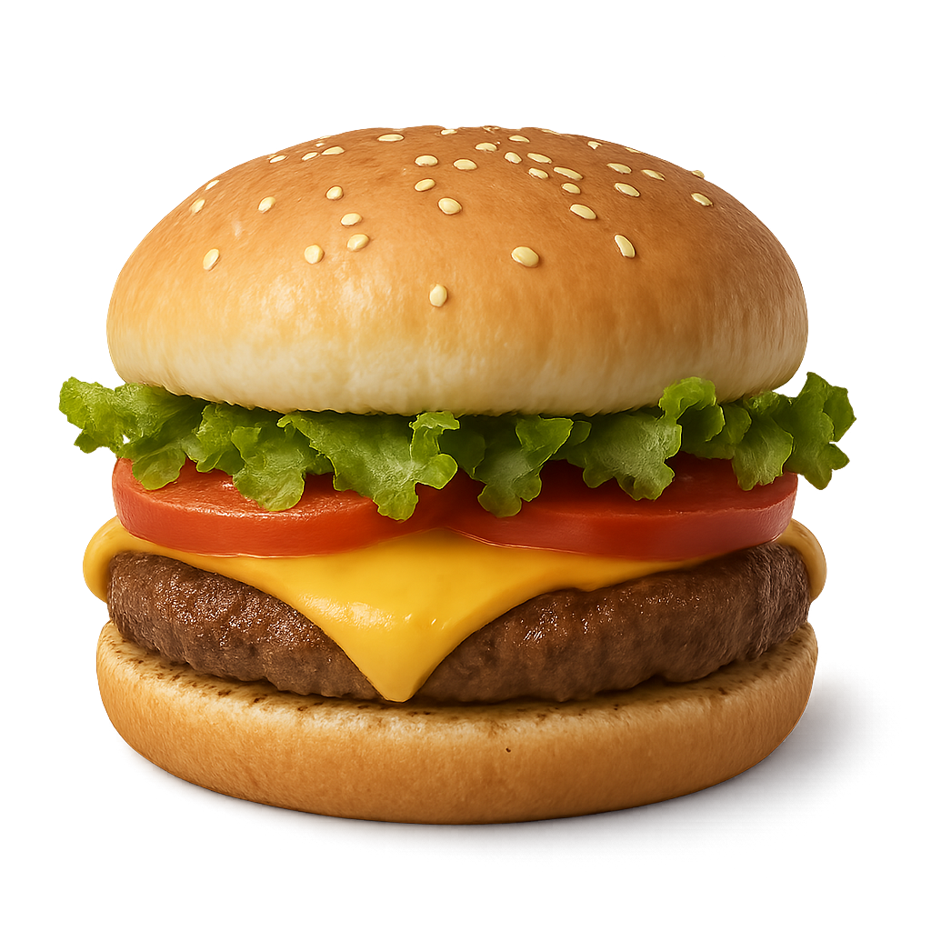 Juicy burger with lettuce, tomato, meat and cheese on transparent background