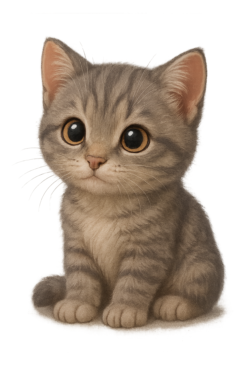 Adorable cartoon kitten sitting with big eyes and playful smile on transparent background