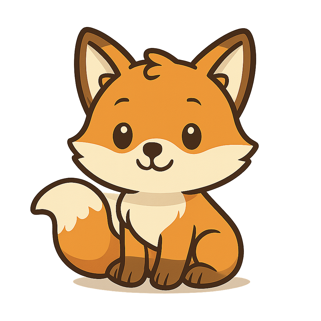 Cartoon Cute Little Fox PNG – Charming Fox Character with Expressive Eyes and Fluffy Tail Cute cartoon little fox with big eyes, fluffy tail, and playful pose on transparent background