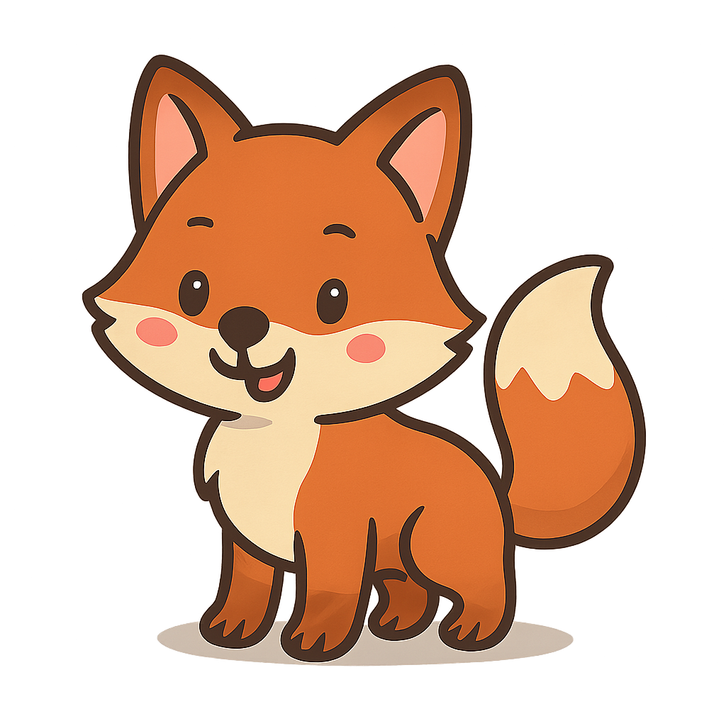 Cute cartoon little fox with big eyes and fluffy tail on transparent background