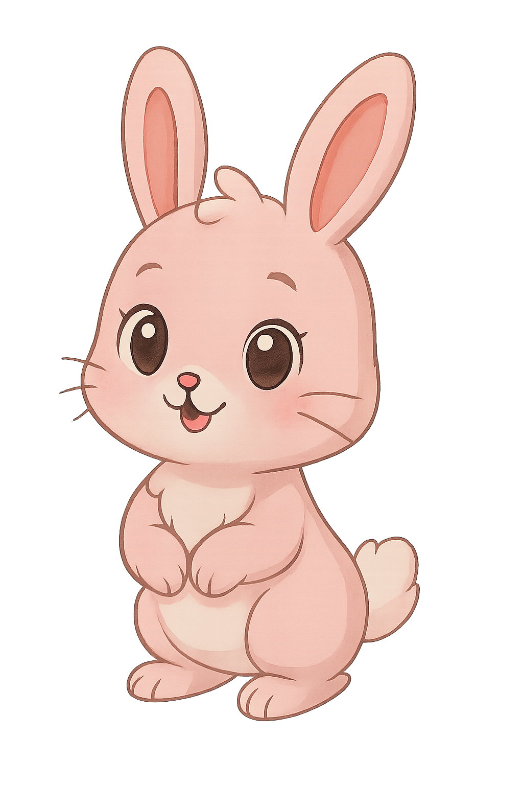 Cute cartoon pink bunny with big eyes, long ears, and fluffy tail on transparent background